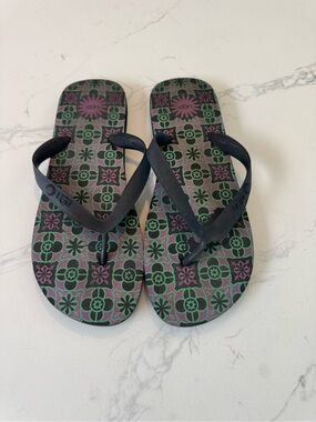 UGG Black-Strap Flip Flops with Pink & Green Floral Print